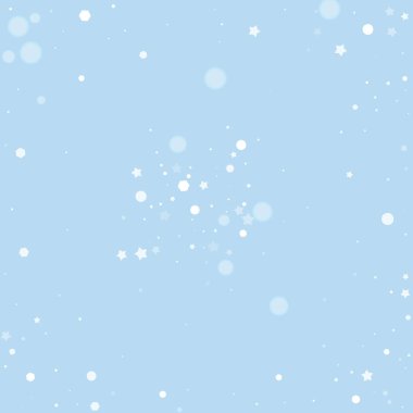 Karlı bir Noel geçmişi var. Hafif uçan kar taneleri ve açık mavi kış arka planındaki yıldızlar. Narin, tatlı, karlı bir Noel. Kare vektör illüstrasyonu.