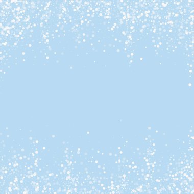 Güzel kar yağışı arkaplanı. Hafif uçan kar taneleri ve açık mavi kış arka planındaki yıldızlar. Güzel kar yağışı şablonu. Kare vektör illüstrasyonu.