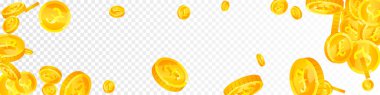British pound coins falling. Scattered gold GBP coins.  United Kingdom money. Great business success concept. Panoramic vector illustration.