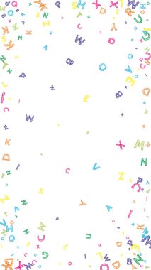 İngilizce 'nin harfleri düşüyor. Latin alfabesinin renkli, dağınık, uçan kelimeleri. Yabancı diller öğrenim kavramı. Beyaz arka planda zarif okul afişi.