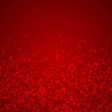 Yılbaşı arka planında kar yağışı var. İnce uçan kar taneleri ve kırmızı arka plandaki yıldızlar. Karlı bayram örtüsü. Kare vektör illüstrasyonu.