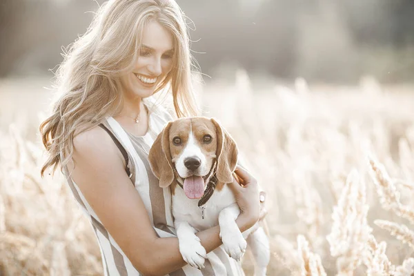 Açık havada evcil hayvanıyla çekici bir genç kadın. Sahibi ve köpeği birlikte. Sonsuza dek arkadaşız. Bayan ve Beagle.