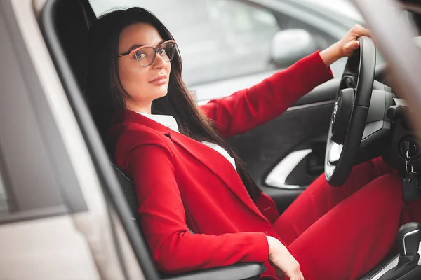 Attractive Brunette Car Lady Driving — Stock fotografie