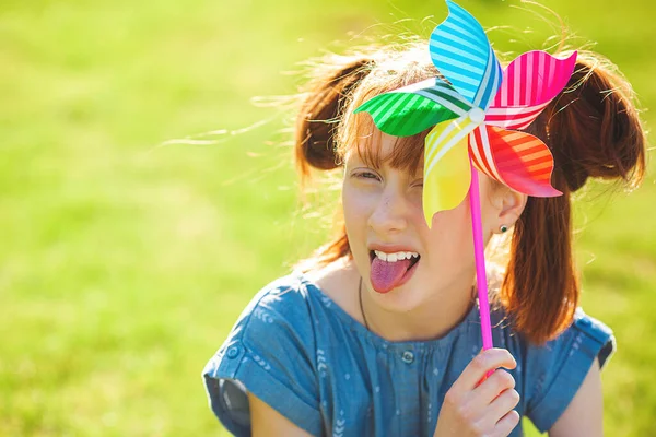 Cute Funny Litle Girl Windmill Kid Holding Windmill Summertime Background — Stock Photo, Image