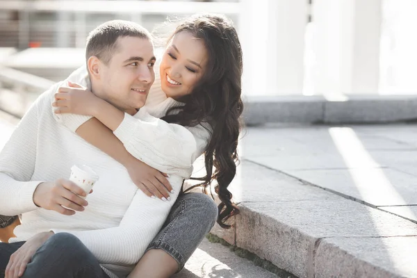 Closeup Portrait Young Lovely Multiracial Couple People Outdoors Happy Man — Stock Photo, Image