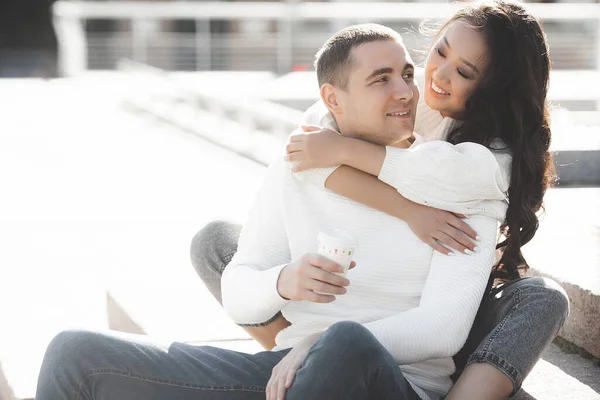 Closeup Portrait Young Lovely Multiracial Couple People Outdoors Happy Man — Stock Photo, Image