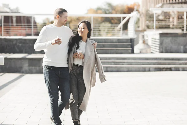 Young Pretty Couple Walking City Background Woman Man Together Having — Stock Photo, Image