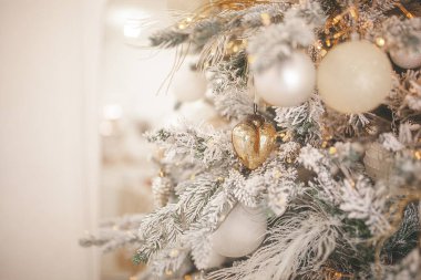 Christmas background. Xmas interior. Home celebration. Christmas design of interior. Closeup christmas balls.