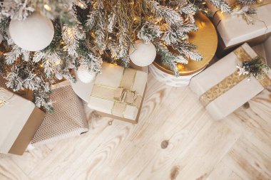 Christmas background. Xmas interior. Home celebration. Christmas design of interior. Closeup christmas balls.