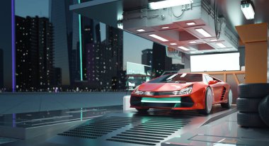 Fütüristik garajda markasız, jenerik konsept kırmızı spor araba var. Şehir silüeti arka planında. 3B görüntüleme