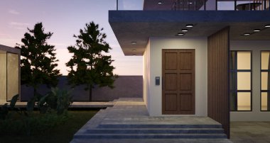 Ahşap kapılı, tropik bahçeli ve çimento merdivenli modern bir ev. İyi akşamlar. 3d oluşturma
