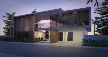 Lüks konforlu modern bir ev. İyi akşamlar. 3d oluşturma