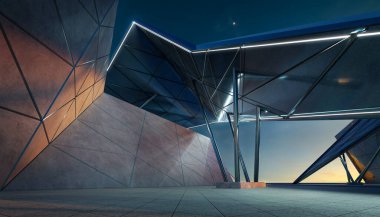 Çağdaş üçgen şekil tasarımı modern mimari bina dışı. Gece sahnesi. Fotorealistik 3B oluşturma.