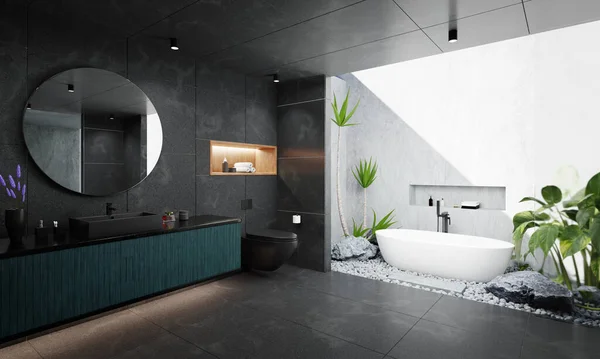 Luuxury Interior Banheiro Estilo Com Mármore Preto Cimento Branco Renderização — Fotografia de Stock