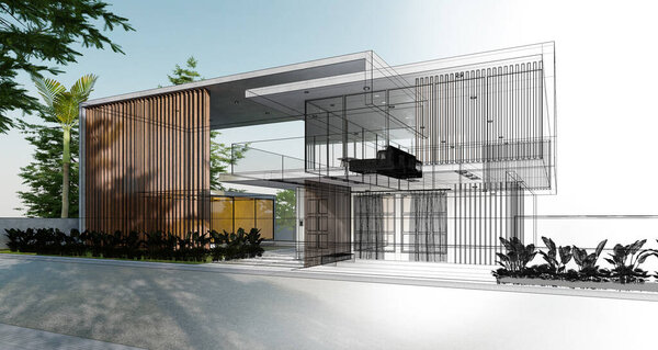Sketch and drafting of a modern cozy house becoming real. 3d illustration