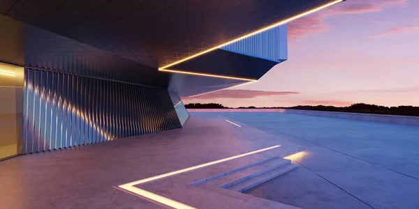Výhled Prázdnou Betonovou Podlahu Ocelí Skleněným Moderním Exteriérem Budovy Noční — Stock fotografie