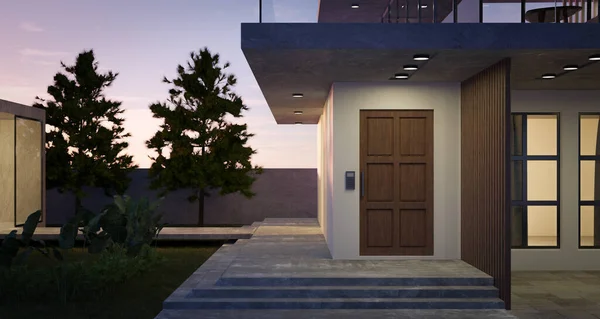 Maison Confortable Moderne Avec Porte Bois Jardin Tropica Escalier Ciment — Photo