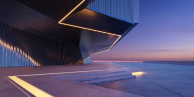 Modern binaların önündeki boş zemin. Fotorealistik 3B oluşturma.