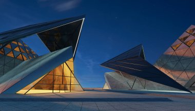 Çağdaş üçgen şekil tasarımı modern mimari bina dışı cam, beton ve çelik elementlerle. Gece sahnesi. Fotorealistik 3B oluşturma.