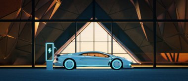 Markasız genel konsept spor araba modern üçgen tasarım binasının önünde park edilmiştir. 3d oluşturma