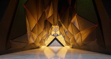 Çağdaş üçgen şekil tasarımı modern mimari bina içi cam, beton ve çelik elementlerle kaplı. Gece sahnesi. Fotorealistik 3B oluşturma.