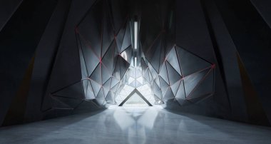 Çağdaş üçgen şekil tasarımı modern mimari bina içi cam, beton ve çelik elementlerle kaplı. 3B görüntüleme.