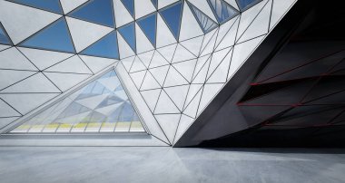 Çağdaş üçgen şekil tasarımı modern mimari bina içi cam, beton ve çelik elementlerle kaplı. 3B görüntüleme.