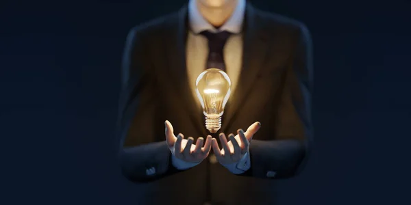 ビジネスマンは光る電球を持っている イノベーション クリエイティブ インスピレーション ブレインストーミングソリューションのコンセプト 3Dレンダリング — ストック写真