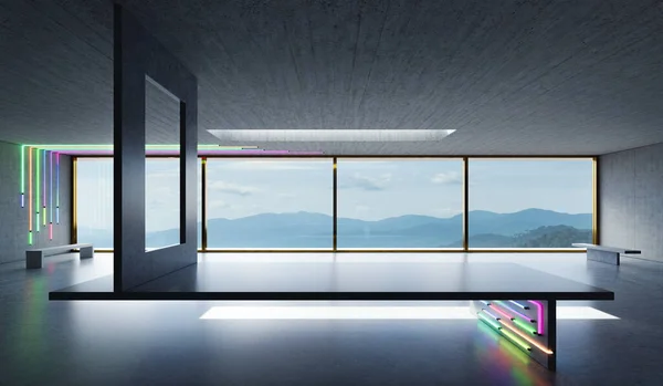 Rendering Eines Modernen Und Futuristischen Lofts Innenarchitektur Mit Schönem Blick — Stockfoto