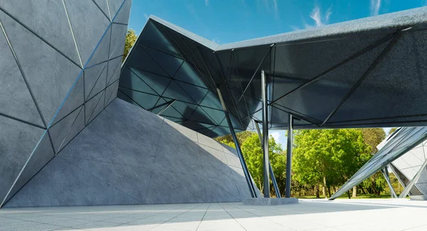 현대의 삼각형 설계는 콘크리트 요소로 건축을 설계한다 정오의 Photoreal 렌더링 — 스톡 사진