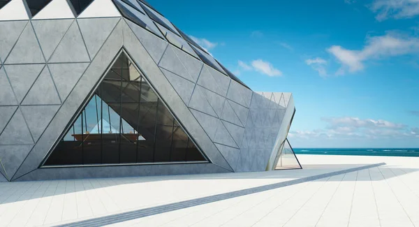 현대의 삼각형 설계는 콘크리트 요소로 건축을 설계한다 정오의 Photoreal 렌더링 — 스톡 사진