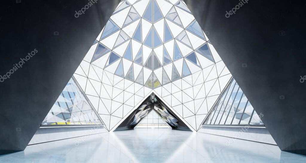 Contemporary triangle shape design modern Architecture building interior with glass, concrete and steel element. 3D rendering.