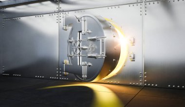 Open silver sturdy metal Bank vault door with gold light comes out from inside, 3d rendering clipart