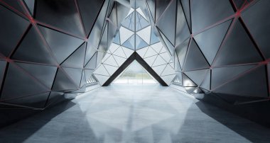 Çağdaş üçgen şekil tasarımı modern mimari bina içi cam, beton ve çelik elementlerle kaplı. 3B görüntüleme.