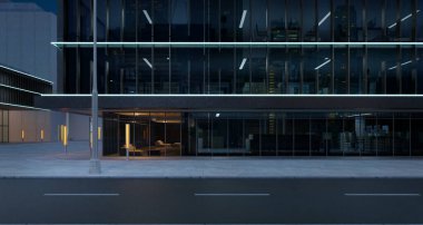 Ofis geçmişi olan yol kenarı sokak manzaralı. Gece sahnesi. 3d oluşturma