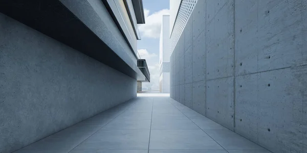 Outdoor empty corridor with concrete wall exterior. 3d rendering