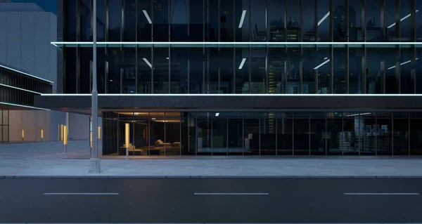 Roadside Vista Rua Com Fundos Edifícios Escritórios Cena Nocturna Renderização — Fotografia de Stock