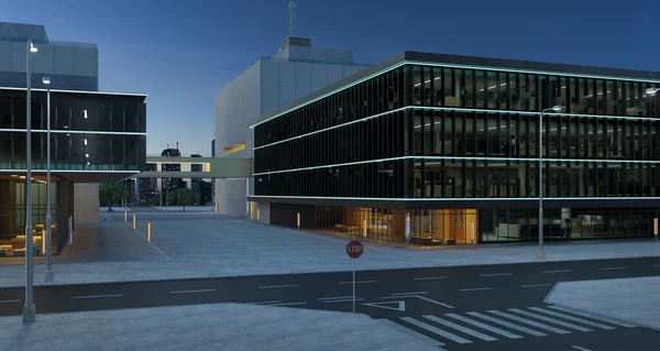 Şehir Caddesi Ofis Binaları Modern Şirket Mimarisi Gece Sahnesi Oluşturma — Stok fotoğraf