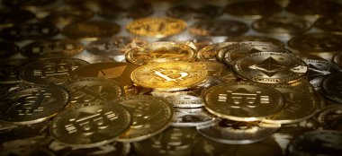 Gold Bitcoin and Ethereum crypto coins. Cryptocurrency, Virtual money, DeFi, Mining and blockchain concept.