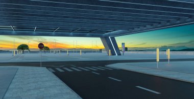 Roadside street view with modern rooftop building with sunrise landscape scene. 3d rendering