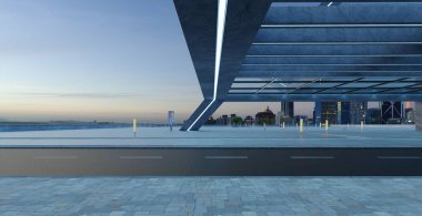 Roadside street view with modern rooftop building with cityscape scene. Mixed media