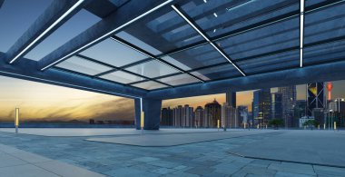 Perspective view of empty concrete floor and modern rooftop building with sunrise cityscape scene.  Mixed media