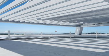 Perspective view of empty concrete floor and modern rooftop building. 3d rendering