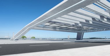 Roadside street view with modern rooftop building. Mixed media