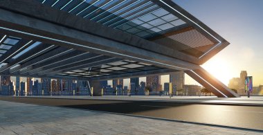 Roadside street view with modern rooftop building with sunset cityscape scene. Mixed media