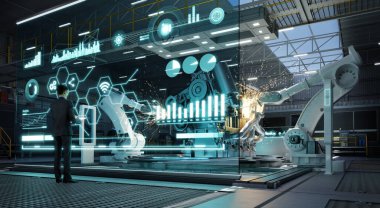 Proje yöneticisinin başı sanal arayüzle otomasyon robot silah makinesini izliyor ve kontrol ediyor. Endüstri 4.0 teknolojisi ve akıllı fütürist fabrika kavramı. 3d oluşturma