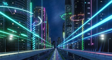 Smart traffic on road in city. 3d rendering