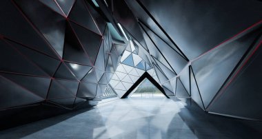 Çağdaş üçgen şekil tasarımı modern mimari bina içi cam, beton ve çelik elementlerle kaplı. 3B görüntüleme.