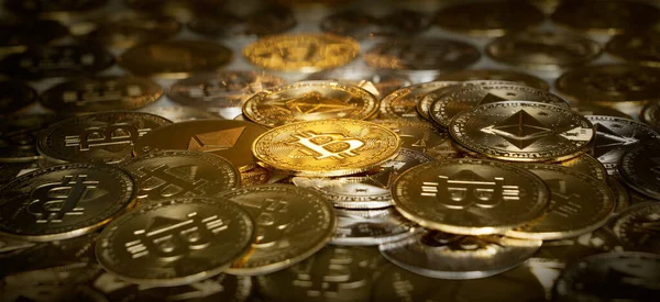 Gold Bitcoin Ethereum Crypto Coins Cryptocurrency Virtual Money Defi Mining — Zdjęcie stockowe