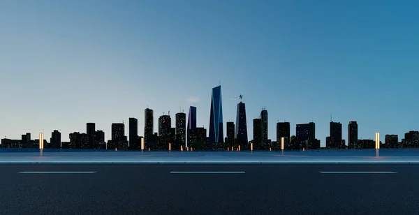 城景天际夜景空荡荡的柏油车顶在前面 3D渲染 — 图库照片